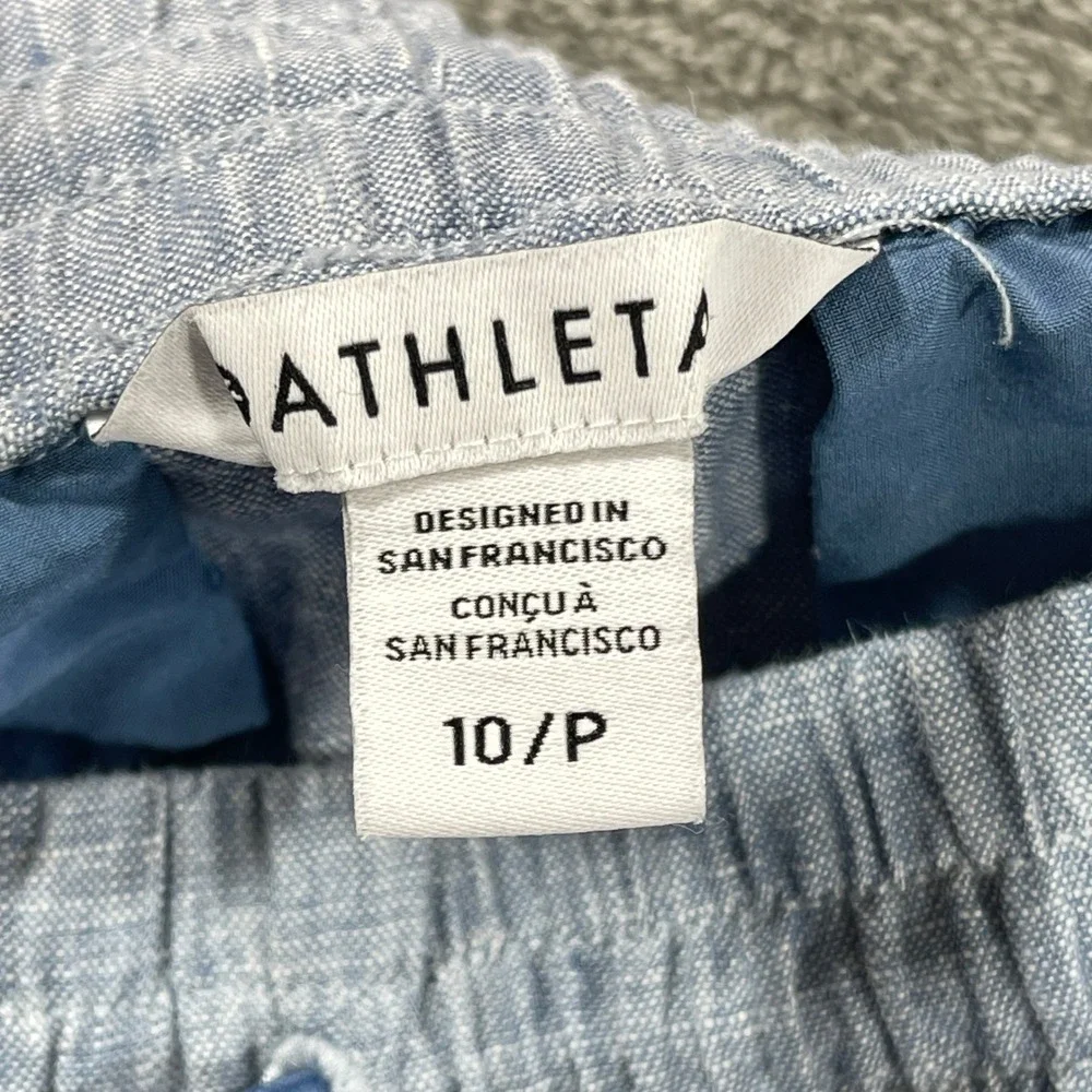 Athleta Pants Women 10P Blue Linen Wide Leg Drawstring Elastic Waist Petite